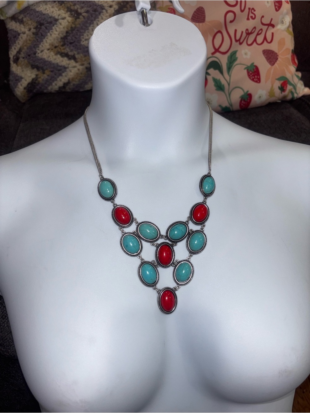 Statement Red and Turquoise Oval Bib Necklace